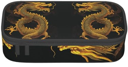 ULKMFFCF Federmäppchen mit chinesischem goldenem gelbem Drachen-Motiv, mit Fächern, großes Fassungsvermögen, Stifteetui, Tasche, Halter, Make-up-Tasche für Schule, Büro, Reisen, Schwarz ,