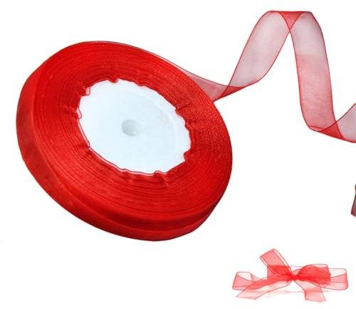 Organzaband Rot, 45M Organza Schleifenband Dekoband, 1.5cm Transparentes Chiffonband Geschenkband für Kuchen Geschenkverpackung, Hochzeit, Weihnachten, Taufe