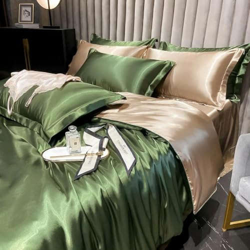 XDMING Parure de lit en Soie de mûrier, Housse de Couette légère, taie d'oreiller, Drap Plat, 4 pièces, Parure de lit, décoration de la Maison