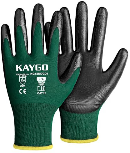 KAYGO 12 paia Guanti da lavoro rivestiti in nitrile, buona presa, Ideale per uso generale, Mattonellatura, Magazzino, Automotive, Montaggio, Giardinaggio, KG12N (Verde scuro, L, Taglia 9)