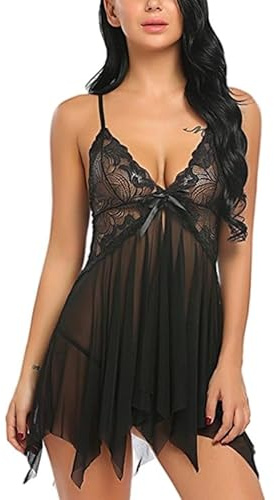 Lencería Sexy Babydoll De Encaje Para Mujer Con Tanga, Diseño Frente Abierto Ideal Para Maternidad, Copa Sin Aros Y Tirantes Ajustables – Lencería Elegante Para Novia O Postparto (PARENT) (negro, l)