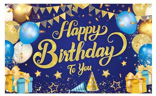 Buon Compleanno Banner, Blu Oro Decorazioni Striscioni di Compleanno, Decorazioni Compleanno Decorazioni Feste Decorazione Banner, Sfondo per Poster con Segno di Compleanno, 110 * 185cm