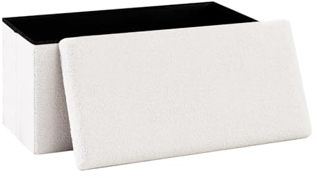 PINPLUS Faltbare Bouclé Sitzbank mit Stauraum, 76.5x38x38 cm, Cremeweiß | gepolsterte Sitztruhe mit Deckel, Bettbank & Aufbewahrungsbank, platzsparend, für Wohnzimmer, Schlafzimmer, Flur