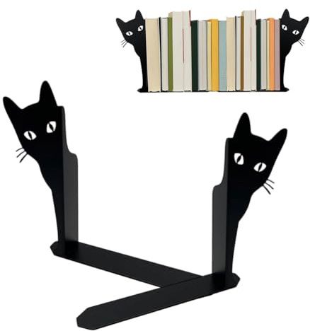 Spähende Katze Metall Buchstütze 2er-Pack Schwarz (18×15×4cm), Robuste Dekorative Bücherstütze für Regal, Home Office & Büro, Geschenk für Katzenliebhaber & Lesefreunde