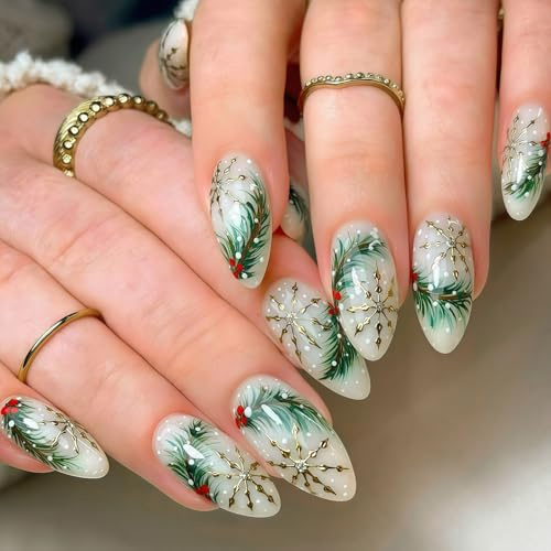 24PCS Nägel Weihnachten - Grün Milchig Weiß Press on Nails Almond Lang - Holly Schneeflocke Weihnachts Nägel - Full Cover Winter Christmas Kunstnägel Zum Aufkleben Für Frauen (Green White Snowflake)