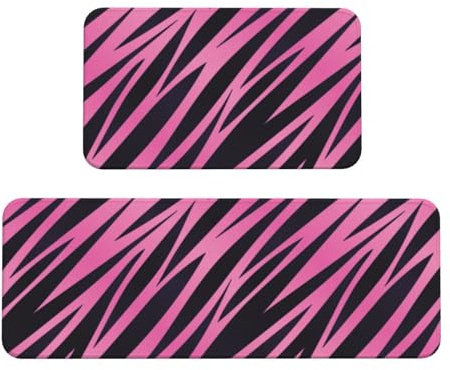 TZTTZT 2-teilige Küchenmatten für den Boden, rosa und schwarz, Zebramuster, gestreift, rutschfest, waschbar, Anti-Ermüdungsmatten für Küche, Bodenmatte, Teppiche, 2er-Set, Heimdekoration