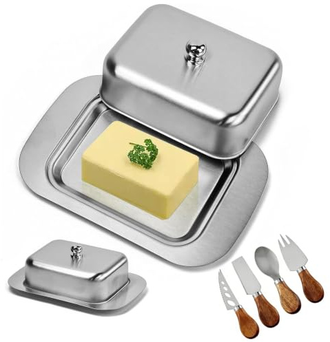 5-teiliges Set Butterdose Edelstahl mit Deckel matt, spülmaschinengeeignet, Aufbewahrung Für Kühlschrank Und Servieren Bei Veranstaltungen, Butter Dish für Butter Käse Kuchen（17.9 X 12.2 X 6 cm）