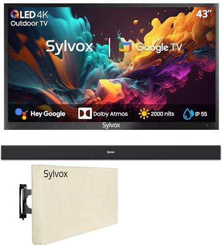 SYLVOX 43 TV Extérieur avec Housse & Barre de Son Étanche - QLED 4K UHD 2000Nits, Smart Google Outdoor TV Étanche IP55, DVB-T2/S2/C, Google Assistant - pour Pool/Jardins/Terrasse (Pool Pro 2.0 QLED)