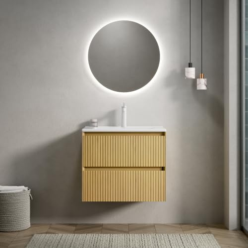 DHWDS Lavabo da 61 cm, montaggio a parete con vasca in resina integrata e illuminazione a LED, cassetto Soft-Close, compatto per piccoli bagni, preassemblato, effetto legno naturale