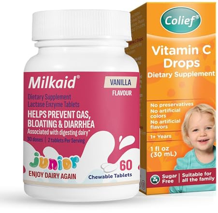 Milkaid Junior Lactase Enzyme Tablets Vanilla 60 Chewables + Colief Vitamin C Drops 30ml – Kids Digestive Support & Immune Health Bundle (Ages 1+)