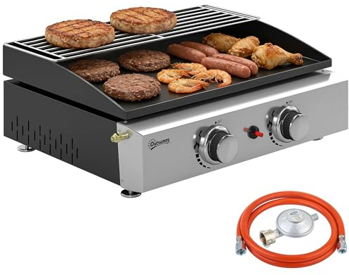 Outsunny Gasgrill 5 KW bärbar bordsgrill med 2 brännare keramisk lackbeläggning grillgaller varmhållningsgaller avtagbar fettuppsamlingsskål, rostfritt stål picknickgrill bordsgasgrill för trädgård