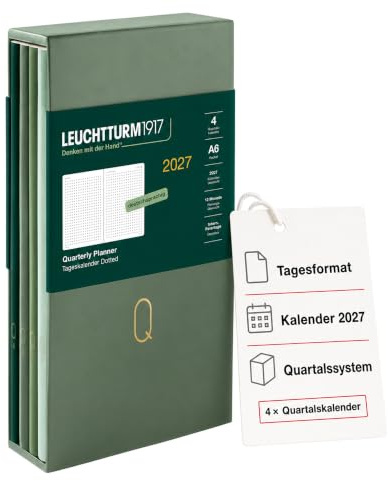 LEUCHTTURM1917 Quarterly Lot de 4 calendriers journaliers 2027 Pois Format A6 Couverture flexible (1 calendrier par trimestre) Shades of Green Aperçu du calendrier 2027 Planification 12 mois Phases de
