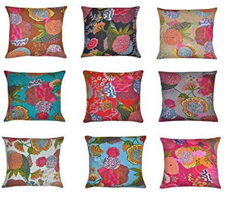 Marubhumi Indian Home Decor Thread Embroidery Work Block Printed Kantha Cushion Cover, 41 X 41 Cm, lot of 10 pcs