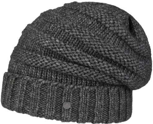 LIERYS Long Beanie Strickmütze Damen Herren Made in Germany Herbst Winter Oversize mit Strickmuster Alpakawolle grau One Size