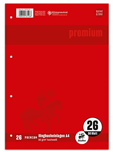 Staufen Premium Ringbucheinlagen - DIN A4, Lineatur 26 (5mm kariert mit Rand), 50 Blatt, 4-fach Lochung, 90g/m² Premium Papier, 1 Stück