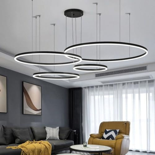 LIUYU Pendelleuchte 4 Ringe Schwarz dimmbar 20/40/60/80cm 130W | LED Pendelleuchte, 4 Ringe, gleichmäßiges Licht. Farbtemp. & Höhe (150 cm) einstellbar, Memory, Alu-Acryl