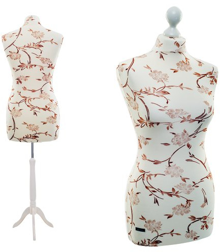 Schneiderpuppe / zum Probierpreis! / LUCCESI / Größen S - XL (Female) / Size: L (Large/40-42) / Torso-Bezug Creme-Weiss/florales Muster (braun) / Standfuss Weiss / Damen Schaufensterpuppe