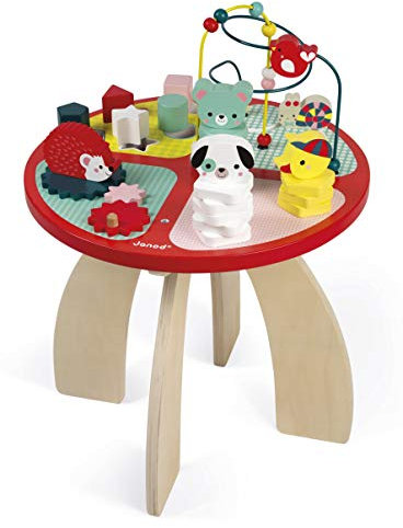 Janod Wooden Activity Table ‘Baby Forest’ - Large Early Learning Centre for Stacking, Dexterity with Maze, Cubes, Gear System and 3 Wooden Animals - From 1 Year Old, J08018