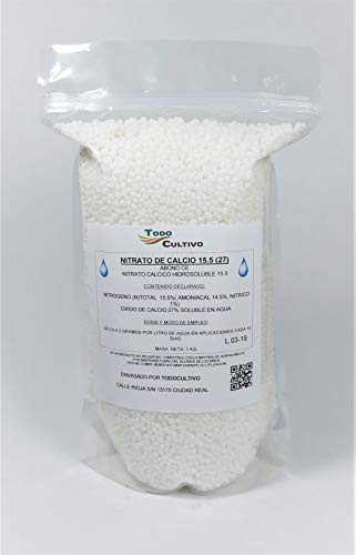 Nitrato de calcio Ca(NO3)2. Fertilizante Rico en Nitrogeno y Calcio, Ideal para Suelos Ácidos y Sustratos, Planta que Necesita Calcio o Magnesio. Envase de 1 Kg