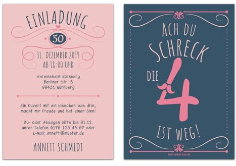Kartenmachen.de Individuelle 50. Geburtstag Einladungskarten DIN A6 (148x105mm) - Ach du Schreck, die 4 ist weg - ab 10 Stück Sets