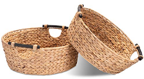 Decorasian 2er Set Korb Aufbewahrung rund geflochten aus Seegras mit Holzgriffen - Wasserhyazinthe 47cm + 42cm - Wäschekorb groß