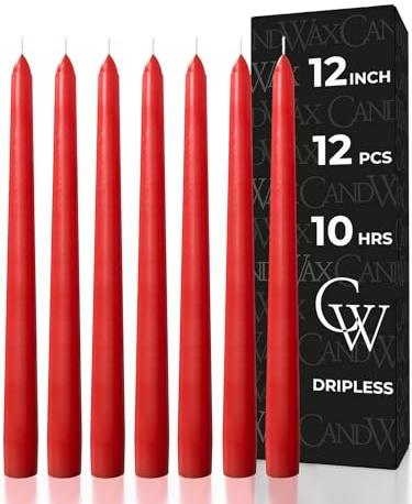 CANDWAX Set di 12 Candele Affusolate da 30 cm - Candele Senza Gocciolamenti e Senza Fumo - Candele Affusolate a Lunga Combustione Ideali come Candele Natalizie o Candele da Cena - Сandele Rosse
