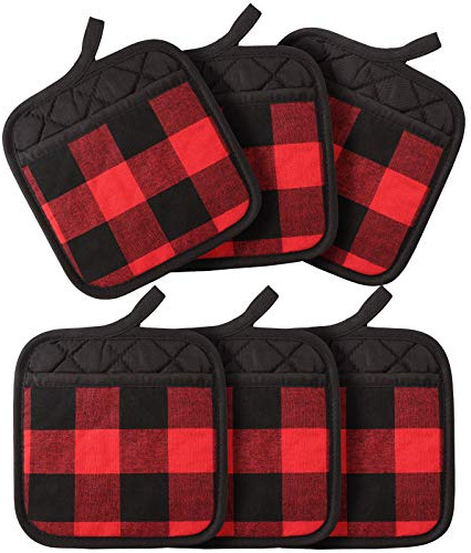 Presine con tasca, motivo a quadri di San Patrizio, per San Valentino, presine in tessuto a quadri, presine a isolamento termico, per cucina, cucina, cottura al forno, grigliare (rosso nero, 6 pezzi)