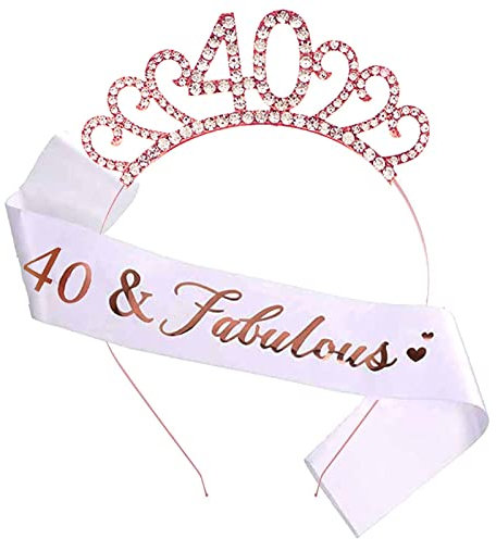 MIOSJI 40th Birthday Sash and Tiara Crystal Crown for Women 40th Birthday Decorations Gift Party Accessories (Rose Gold)