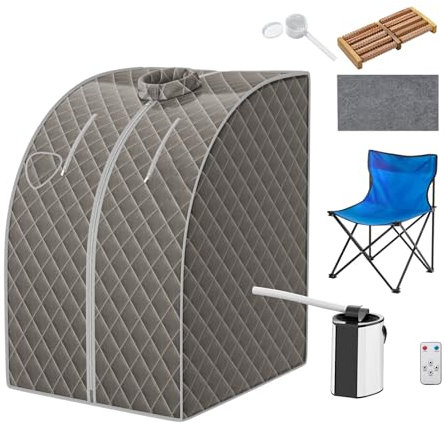 COSTWAY Cabina Sauna a Vapore, Sauna da Casa con Sedia, Telecomando, Timer e Temperatura Regolabili, con Funzione Atomizzazione e Coperchio di Vetro Temperato Antiscoppio (Grigio)