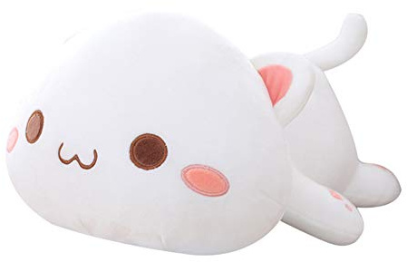 Uposao Katze Plüschtier, 35CM Kawaii Liegend Katze Stofftier Kuscheltier Spielzeug Ausgestopftes Tier Plüschkissen Gefüllt Wurfkissen Plüschpuppe Geschenk für Baby Kinder Mädchen Jungen,Weiß,lächeln