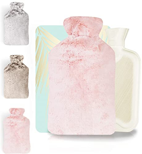 Rissler, Bolsa de agua caliente 2L Funda de felpa cubierta forrada - Bolsa de agua caliente de goma para cama - Calor garantizado durante 7 horas (Premium Rosa)