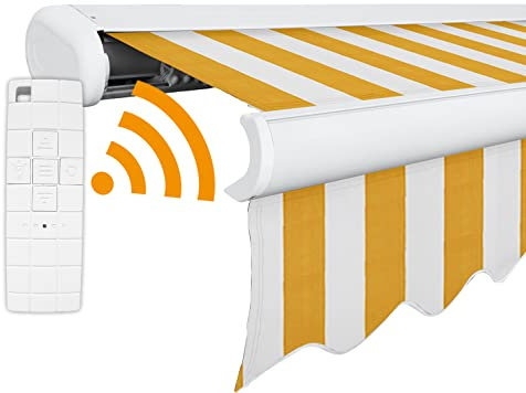 Arilco Elektrische Vollkassettenmarkise Kassettenmarkise Gelenkarmmarkise Markise Sonnenmarkise Sonnenschutz in vielen Farben und Größen wählbar in der Kassettenfarbe Weiss (5m x 3m, Sonnenschein)