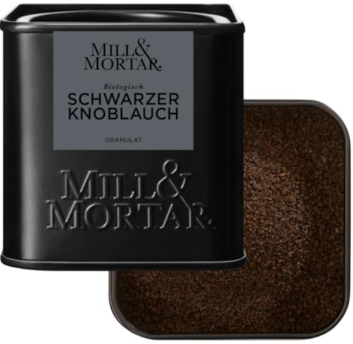 Mill & Mortar BIO Schwarzer Knoblauch | Fermentierter Knoblauch Pulver & Granulat | Black Garlic Gewürz für süßes Umami, Pasta, Saucen & Schmorgerichte | ohne Salz & Zusätze