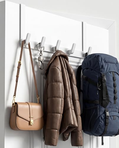 KitchLife Over The Door Hooks Hanger, White, 5 Hooks, 1 Pack, Upgraded 7” Long Arms - Heavy Duty Coat Rack for Hanging Clothes Hat Towel