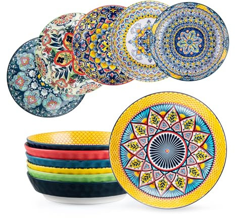 HENXFEN LEAD Porcelain Pasta Bowls, 950ml Salad Bowls Serving Bowls for Pasta, Salad, Cereal, etc. Colorful, Pack of 6 - Bohemian Style