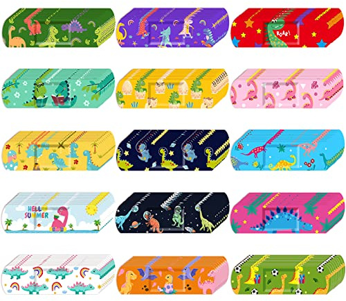 Estune 150 Pcs Kids Bandages Bulk Dinosaur 15 Styles Fun Valentines Classroom Gifts for Children Adhesive Colorful Flexible Cartoon Dinosaur Bandages Variety Pack for Kids Boys Girls Students School