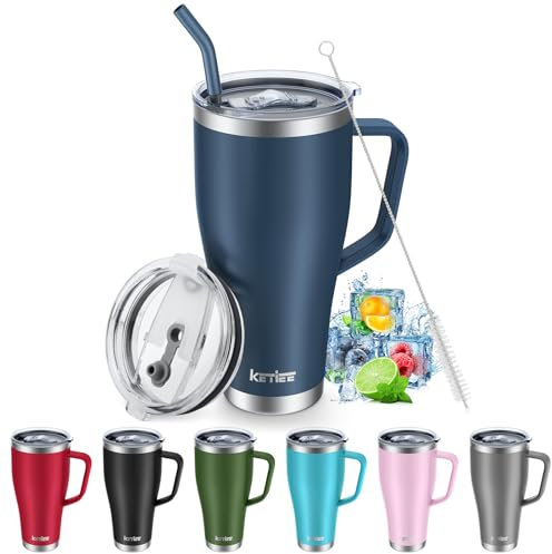 KETIEE Thermobecher mit Strohhalm 850ml- Kaffeebecher to go mit 2 Deckeln 30oz Edelstahl Isolierbecher mit Griff Autobecher Trinkbecher Tumbler Kaffeetasse für Heißer und Kalter Getränke,Marineblau