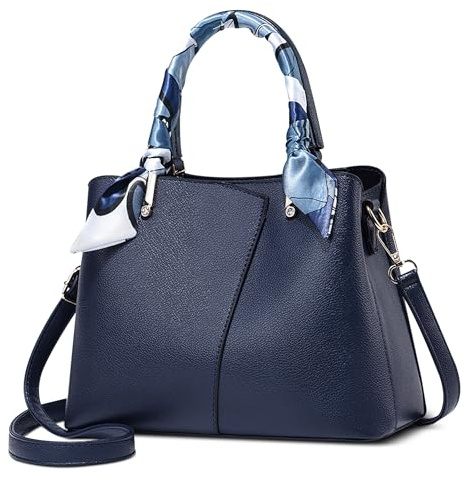 FOLOVEYA Damen Handtasche Mode Frauen Umhängetasche mit Elegant Band Henkeltaschen PU Leder Tote Taschen Klein Shopper Schultertasche für Arbeiten Reisen Schule Dating Blau