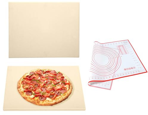 GasSaf 12 x 15 Square Pizza Stone for Oven and Grill Cordierite Bread Baking Stone Cooking Stone for Baking Crisp Crust Pizza, Bread（with Kneading Mat）
