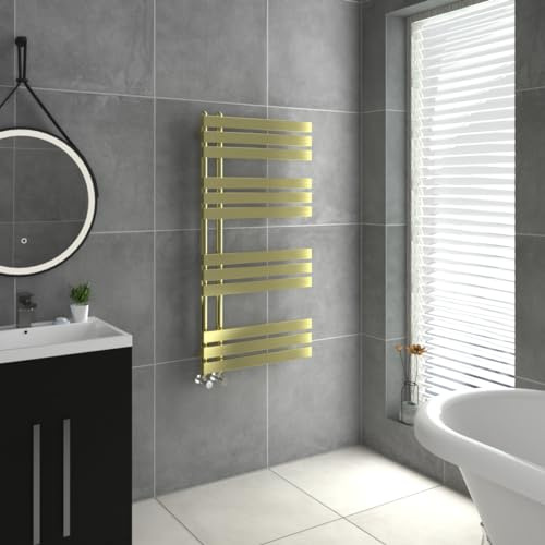Warmehaus Heated Towel Rail D Shape Warmer Brushed Brass 1200x600mm | Bathroom Ladder Style Radiator, Central Heating, for Bathroom Kitchen Living Room, Wall Mounted, Mild Steel