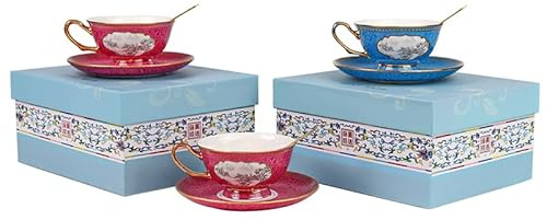 asdchZen Lot de 2 tasses à thé et à café de 200 ml avec cuillère, deux couleurs émaillées en relief avec soucoupe assortie en porcelaine fine, service pour 2, cadeau d'anniversaire (rouge)