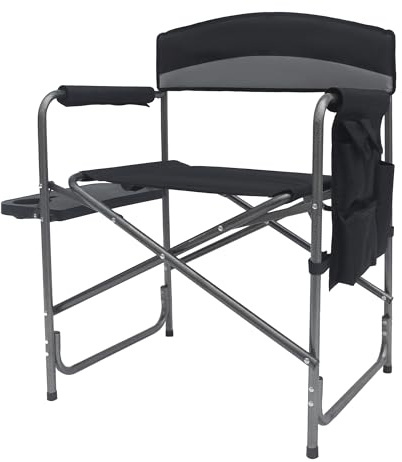 XXL Campingstol svart med fällbord – 83 x 63 cm – komfort regissörsstol extra bred – fällstol, campingfåtöljstol för trädgård, camping, festival, 150 kg lastkapacitet