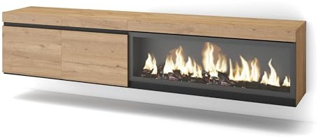 Skraut Home | TV-Schrank, Lowboard | für Wohnzimmer und Esszimmer | 210 | Für TV-Geräte bis zu 80 | Elektrokamin XXL | Hängend | Moderner Stil | Eiche