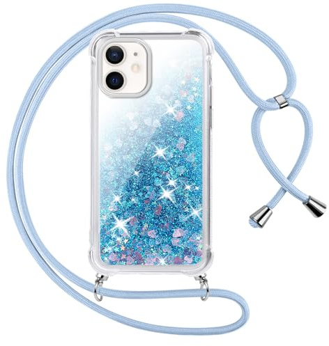 Vauki handyband für iPhone 12 Mini Hülle mit Band,Silikon Durchsichtig Transparent Flüssig Glitzer mit Kette Kordel Bumper Treibsand Necklace TPU Schutzhülle Case,Blau