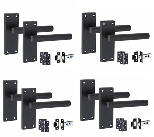 Golden Grace Straight T-Bar Door Handles with Hinges & Latch, Matt Black | Includes four complete sets with 120mm x 40mm backplates, tailored for non-locking internal wooden doors.