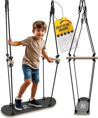 PHIBER-SPORTS Skateboard Schaukel Outdoor Kinder - Langlebig, Wetterfest, Anti-Rutsch, Stehen und Sitzen - Skateboardschaukel Zubehör Holz - Schiffsschaukel, Doppelschaukel