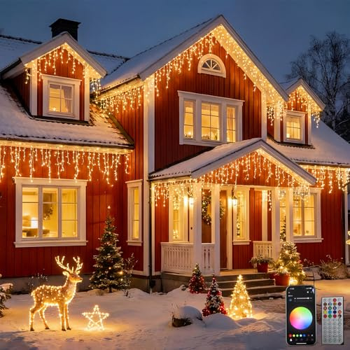 Eiszapfen Lichterkette 13 m, 400 LED RGB, Smart App-Steuerung mit 16 Millionen Farben, wasserfest Außenbeleuchtung für Balkon, Wohnzimmer, Weihnachten und Feiertagsdekoration