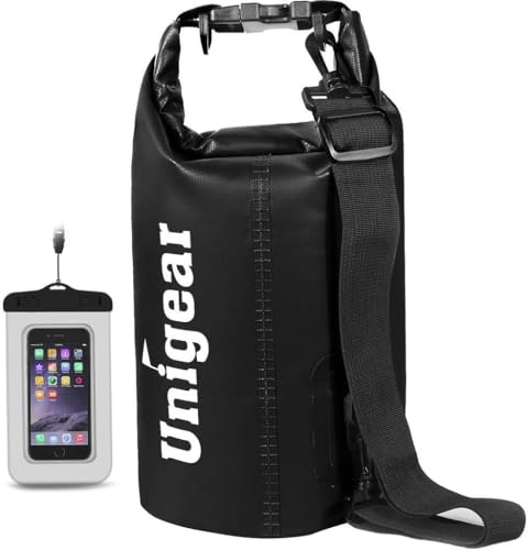 Unigear Dry Bag 2L 5L 10L 20L 30L 40L 55L, wasserdichte Tasche Rucksack SUP | Wasserdichter Beutel, Seesack Packsack mit Handytasche, Waterproof bag für Boot Kajak Angeln Rafting Schwimmen Camping Strand