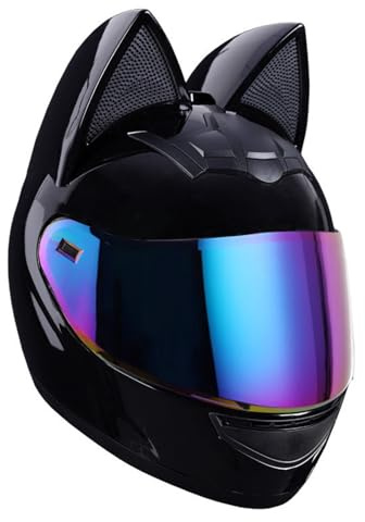 Casque de Moto à Oreilles de Chat, Casques intégraux avec visières, Casques de Motocross homologués pour Hommes et Femmes Adultes, Quatre Saisons K,M54-56CM