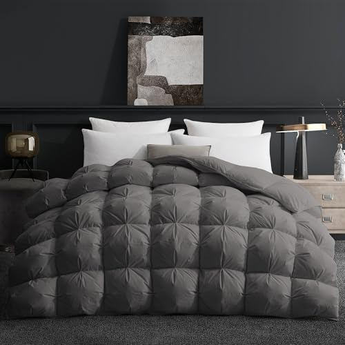 Deodar Couette 220x240 Couette en Duvet 4 Saisons, 2220g Remplissage Duvet et Plumes d'oie, Housse 100% Coton, Respirante Légère, Lavable, Certifié Öko-Tex et RDS, Gris Foncé